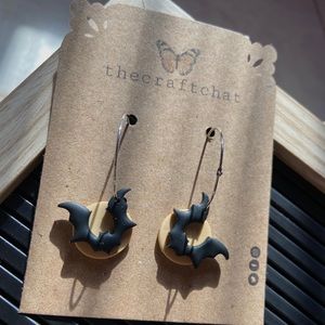 Polymer clay Black bat hoop earrings